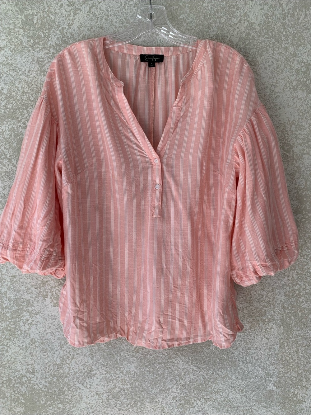 Jessica Simpson Pink & White Striped Tunic Blouse Puffed Sleeves Large Cottage
